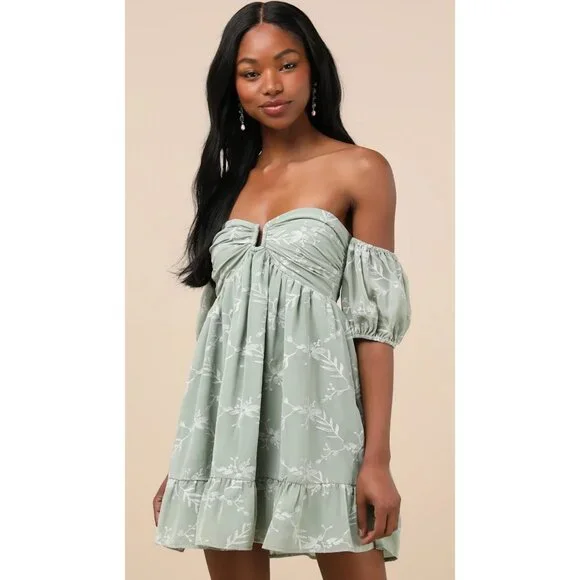 Lulus Cutest Icon Sage Green Embroidered Off-the-Shoulder Mini Dress Size Lg NWT - Picture 1 of 6